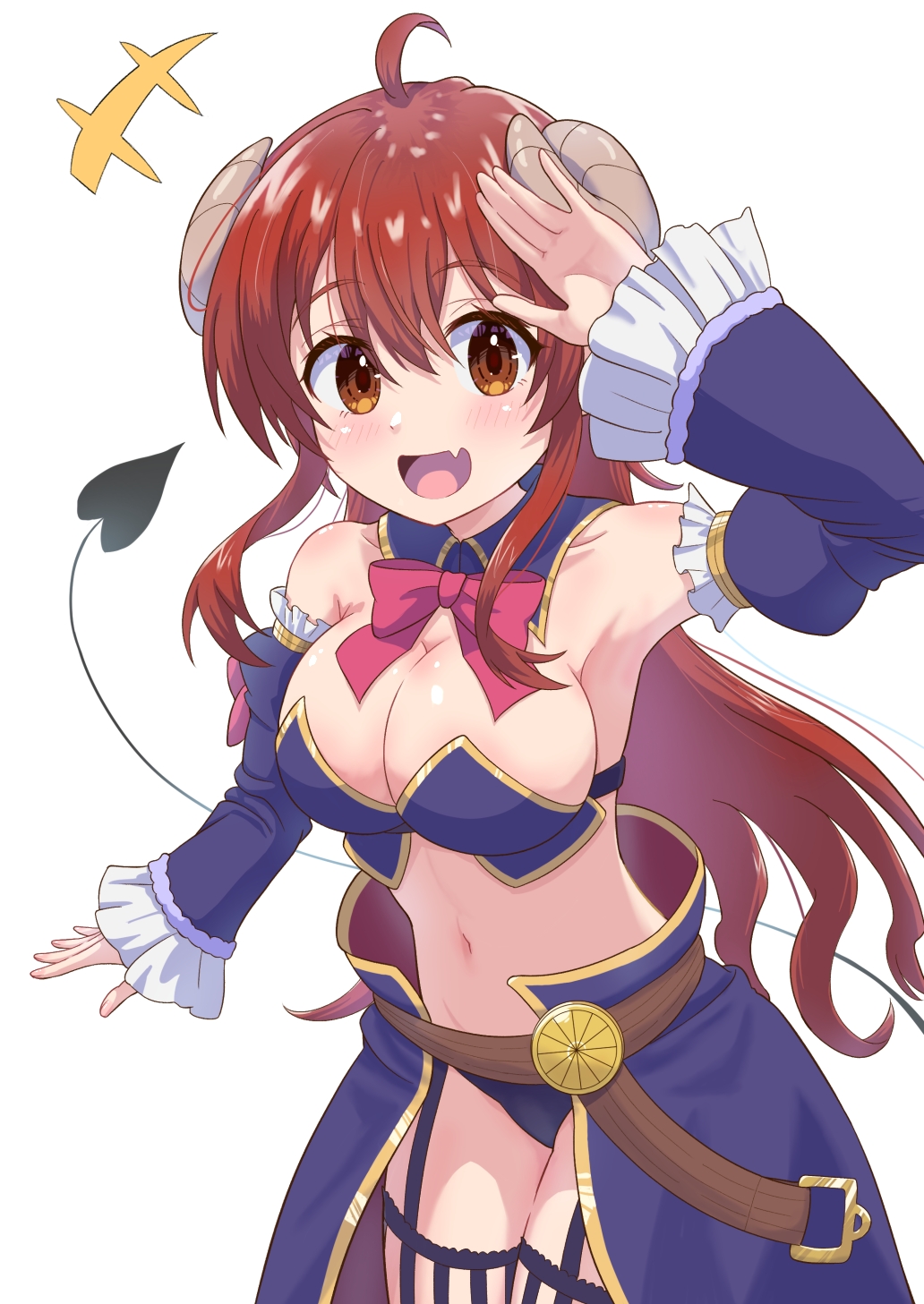 +++, 1girl, ahoge, blue_bra, bra, breasts, brown_eyes, brown_hair, cleavage, cowboy_shot, crisis_management_form_(machikado_mazoku), demon_girl, demon_horns, demon_tail, detached_collar, detached_sleeves, highres, horns, large_breasts, long_hair, looking_at_viewer, machikado_mazoku, midriff, navel, revealing_clothes, ribbon, rokkii_(pixiv77873722), smile, solo, tail, underwear, very_long_hair, white_background, yoshida_yuuko