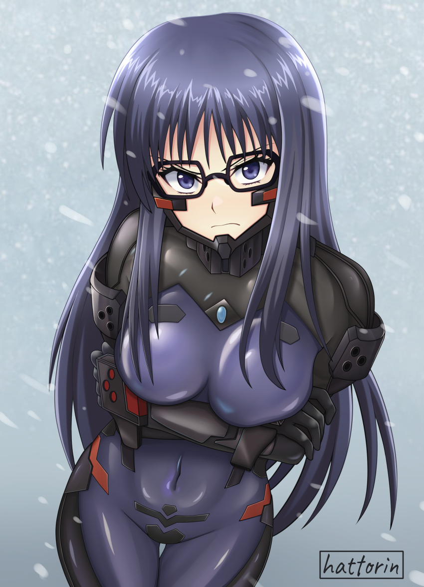 1girl, absurdres, artist_name, black_hair, blue_eyes, bodysuit, breasts, fortified_suit
