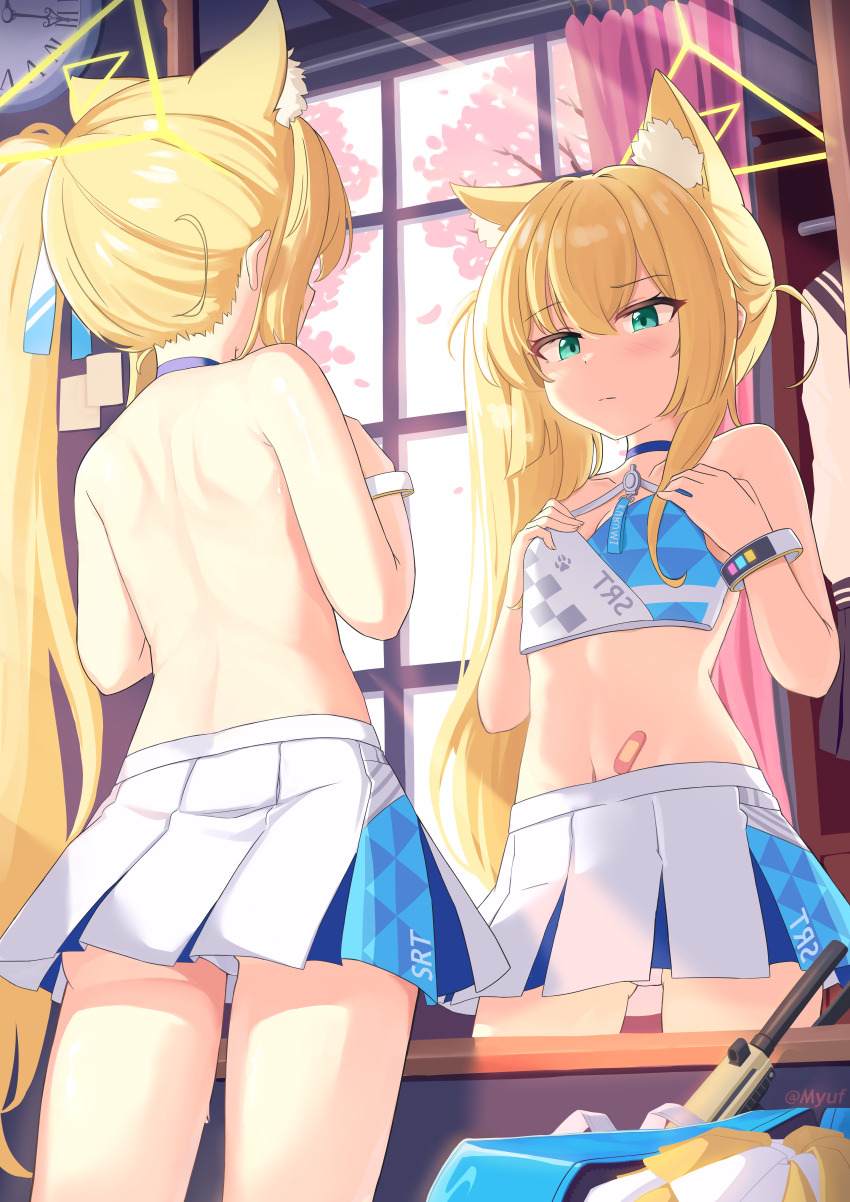 1girl, absurdres, animal_ear_fluff, animal_ears, armpit_crease, back, bandaid, bandaid_on_stomach