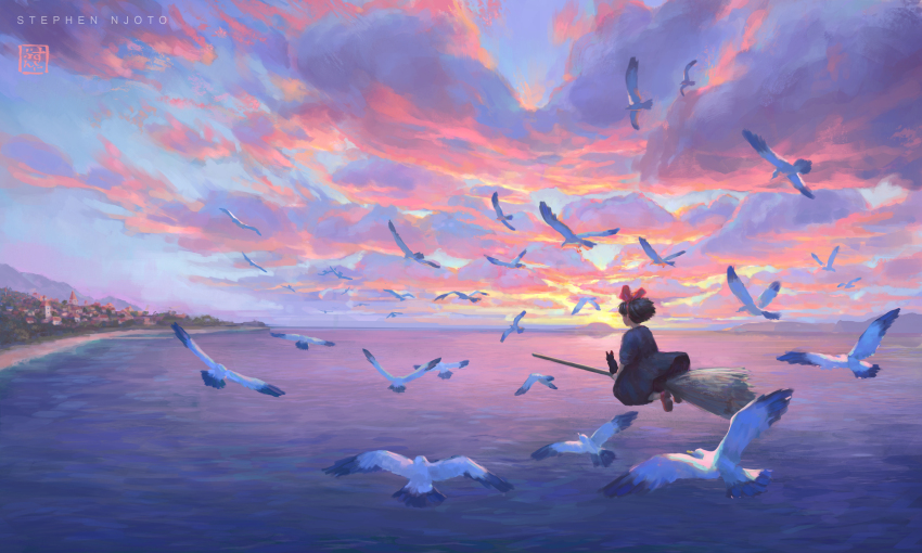 absurdres, artist_logo, artist_name, beach, bird, black_cat, black_hair, blue_dress