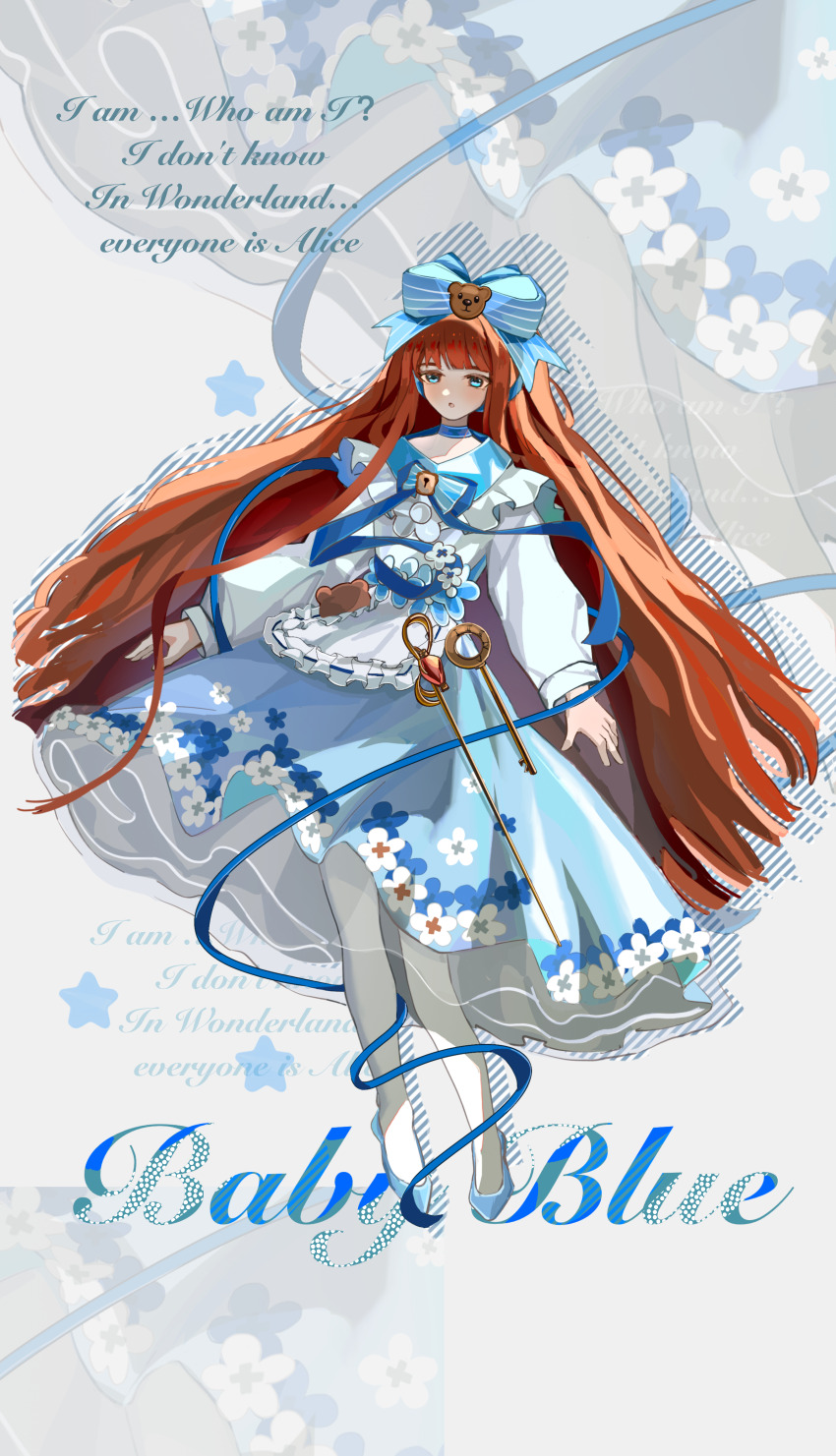 1girl, :o, absurdres, baby_blue, bear_hair_ornament, blue_bow, blue_bowtie, blue_choker