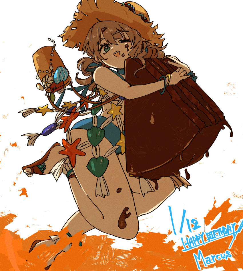 1girl, ;d, bag, bare_arms, bare_shoulders, blue_shorts, bracelet, brown_bag