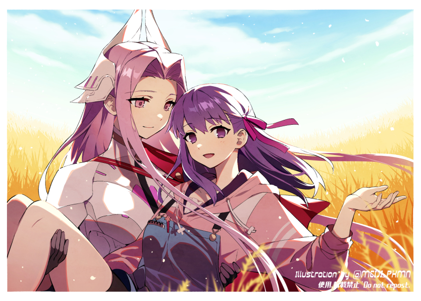 2girls, blue_sky, breasts, capelet, carrying, curtained_hair, dress, fate/grand_order