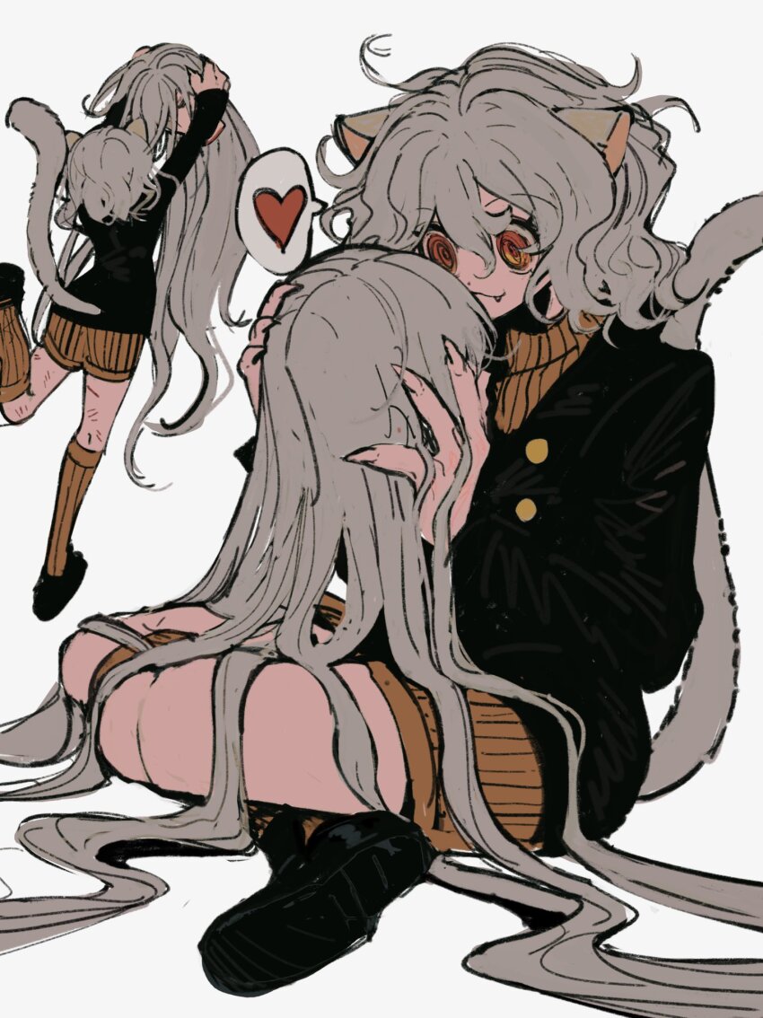 1boy, 1other, androgynous, animal_ears, cat_ears, cat_tail, curly_hair, grey_hair, heart, highres, holding_detached_head, hunter_x_hunter, jacket, kite_(hunter_x_hunter), kneehighs, long_hair, long_sleeves, mangmuze, medium_hair, multiple_views, neferpitou, orange_eyes, red_eyes, ribbed_shorts, severed_head, shorts, simple_background, sitting, sketch, smile, socks, spoken_heart, tail, white_background