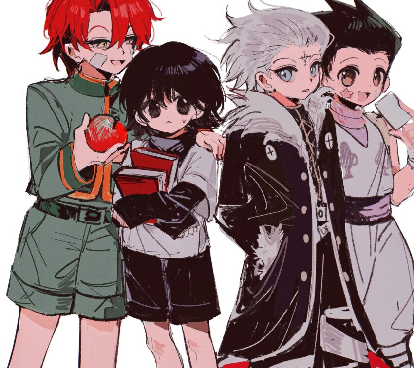4boys, aged_down, apple, black_eyes, black_hair, blue_eyes, book, brown_eyes