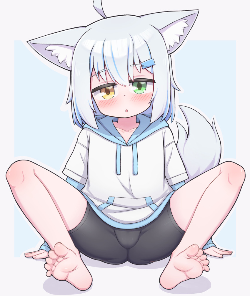 1girl, :o, ahoge, amakami_sana_(1n4b4), animal_ears, barefoot, bike_shorts, black_shorts