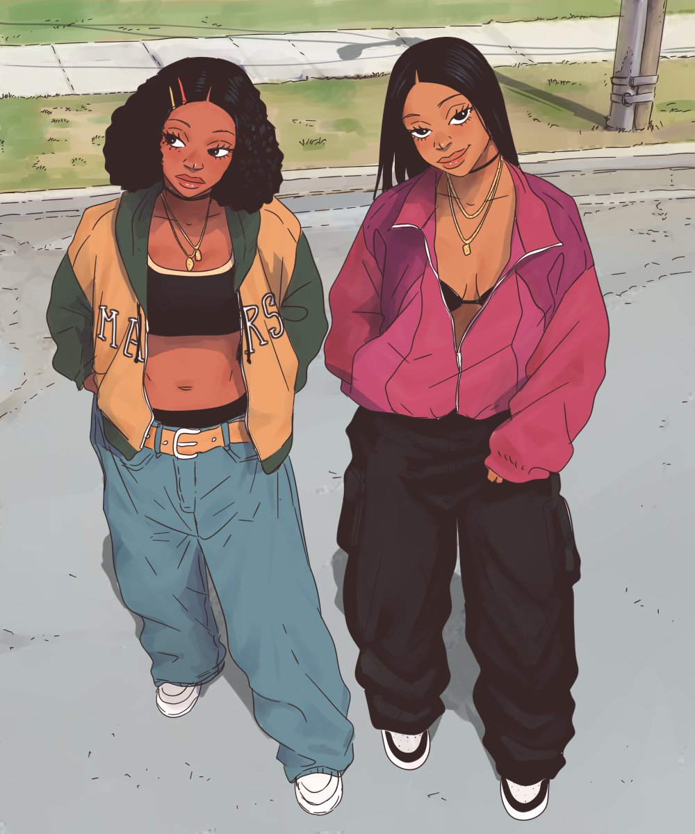 2girls, afro, black_hair, black_pants, blue_pants, cami_(jesus_aponza), curly_hair, dark-skinned_female