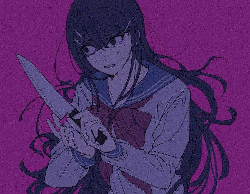 1girl, bibi_(p_pp8888), black_eyes, black_hair, blue_sailor_collar, bow, bowtie, clenched_teeth