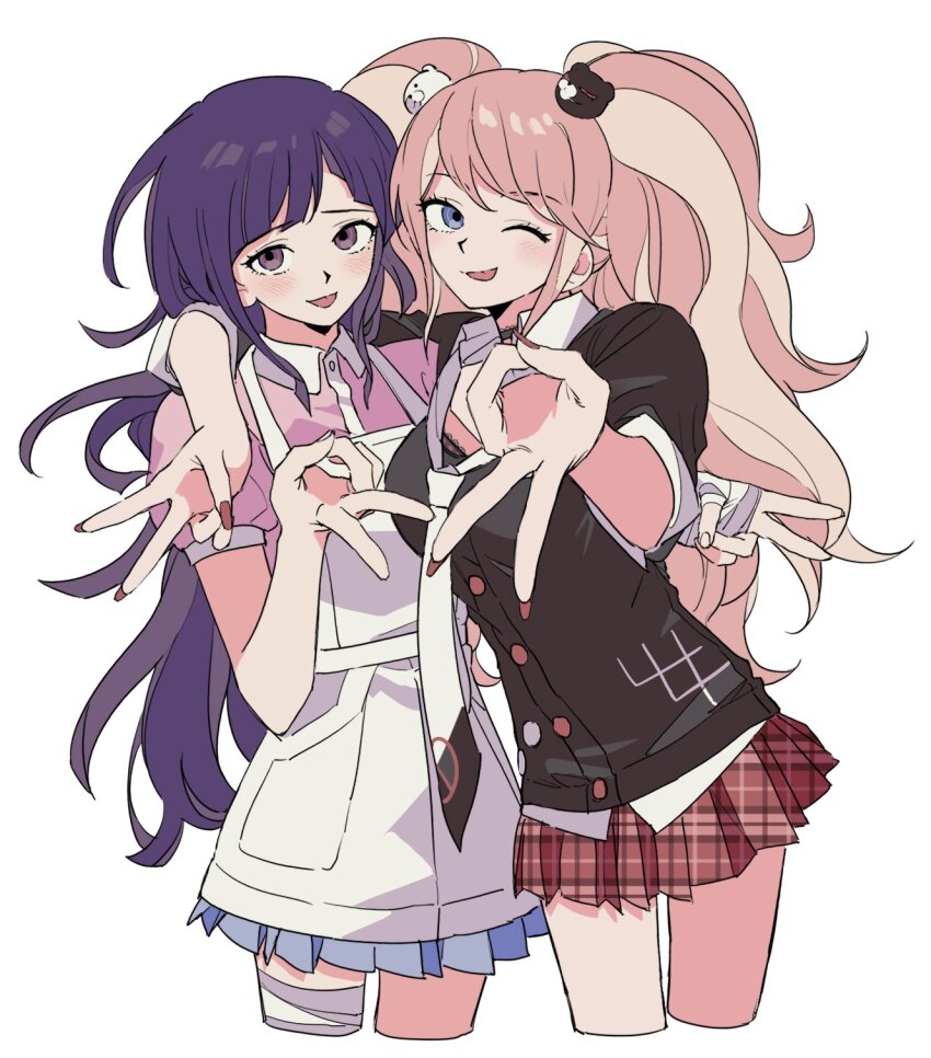 2girls, ;p, apron, arm_around_shoulder, bandaged_arm, bandaged_leg, bandages, bear_hair_ornament