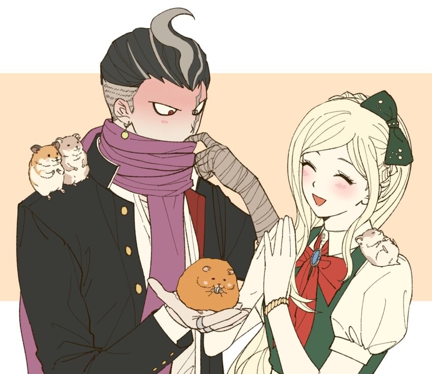 1boy, 1girl, :d, ^_^, adjusting_scarf, animal, animal_on_shoulder, bandaged_arm