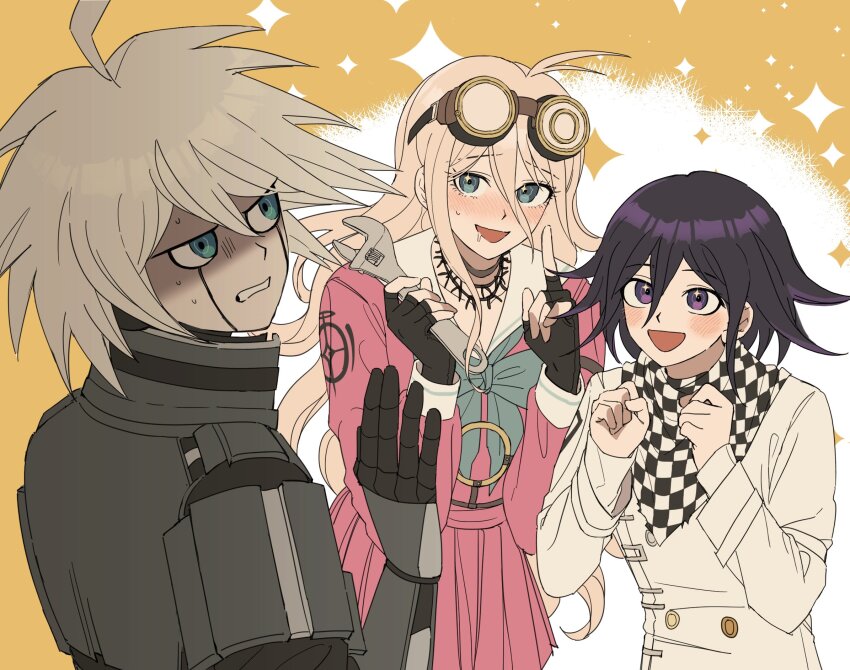 1girl, 2boys, :d, ahoge, android, antenna_hair, barbed_wire, bibi_(p_pp8888)