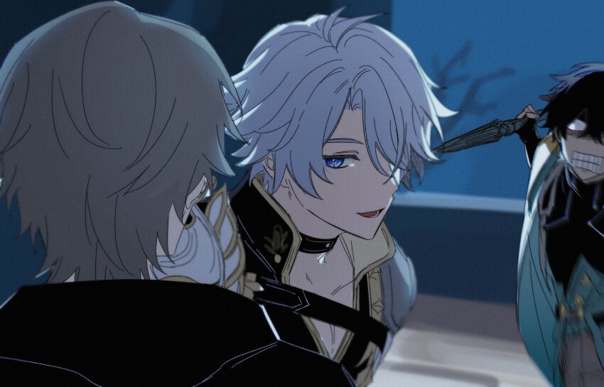 3boys, angry, armor, belt_collar, black_hair, blue_eyes, blue_hair, caelus_(honkai:_star_rail)