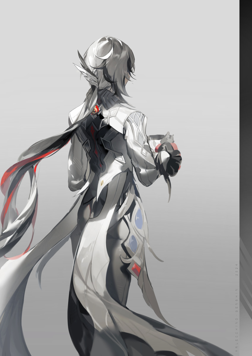 1girl, absurdres, arlecchino_(genshin_impact), back, black_hands, collared_jacket, colored_extremities, cup, formal_clothes, frilled_sleeves, frills, from_behind, genshin_impact, grey_background, grey_hair, grey_jacket, grey_pants, grey_suit, hair_flowing_over, hair_ornament, hands_up, highres, holding, holding_cup, jacket, letty2507, long_hair, long_sleeves, low_ponytail, multicolored_hair, pants, ponytail, shade, simple_background, solo, standing, streaked_hair, suit, suit_jacket, teacup, vision_(genshin_impact), wavy_hair, wide_sleeves