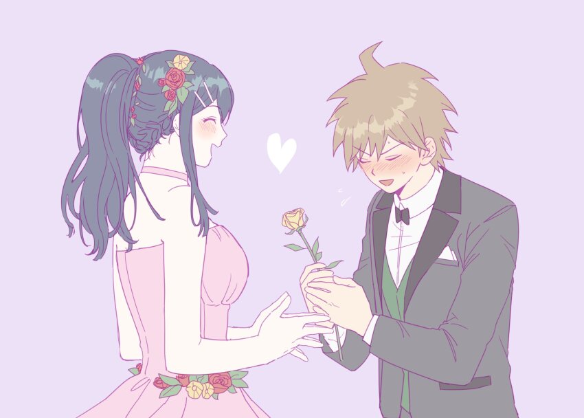 1boy, 1girl, :d, ^_^, ahoge, bare_arms, bare_shoulders, bibi_(p_pp8888)