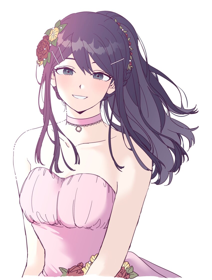 1girl, bare_shoulders, bibi_(p_pp8888), black_hair, blush, breasts, choker, collarbone, cropped_torso, danganronpa:_trigger_happy_havoc, danganronpa_(series), double-parted_bangs, dress, flower, grey_eyes, grin, hair_between_eyes, hair_flower, hair_ornament, highres, lace-trimmed_choker, lace_trim, leaf, long_hair, looking_at_viewer, maizono_sayaka, medium_breasts, o-ring, o-ring_choker, pink_choker, pink_dress, ponytail, red_flower, red_rose, rose, sidelighting, sidelocks, simple_background, smile, solo, strapless, strapless_dress, white_background, yellow_flower