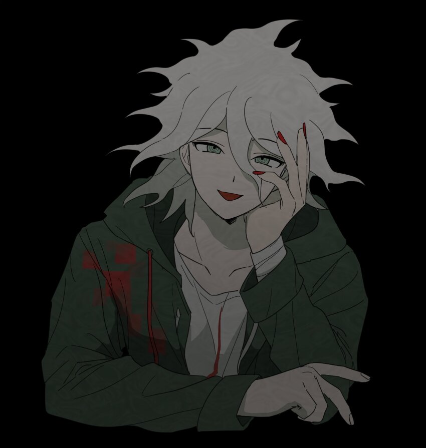 1boy, :d, adversarial_noise, bandaged_arm, bandages, bibi_(p_pp8888), black_background, cropped_torso