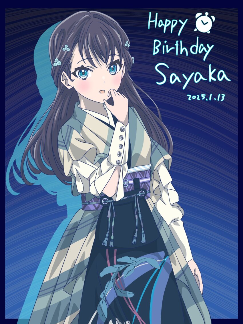 1girl, :d, blue_background, blue_eyes, blue_hair, blush, character_logo, character_name