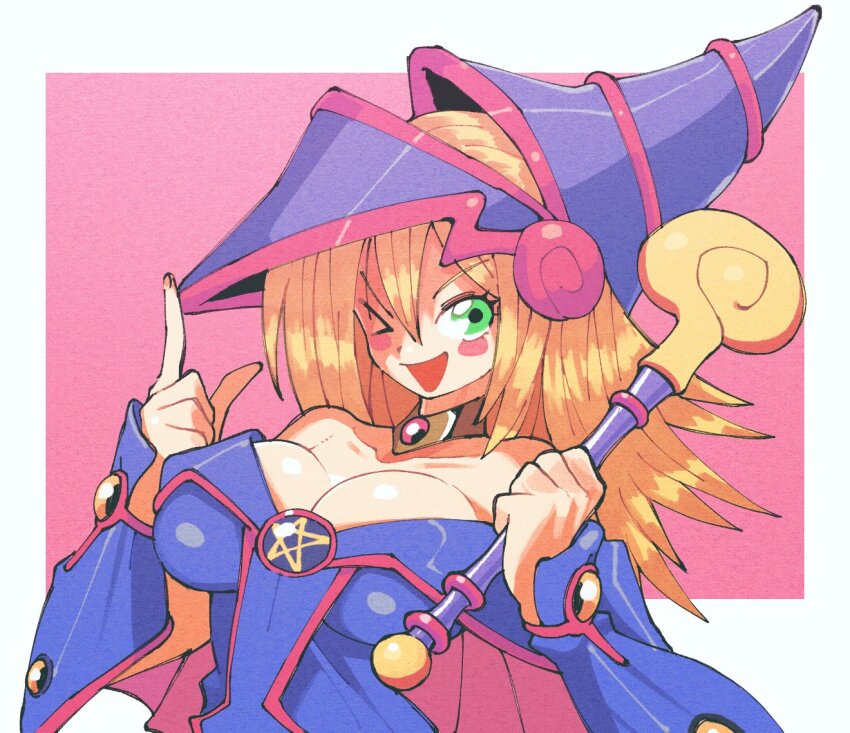 1girl, bare_shoulders, blonde_hair, blue_hat, blue_leotard, blush_stickers, breasts, cleavage