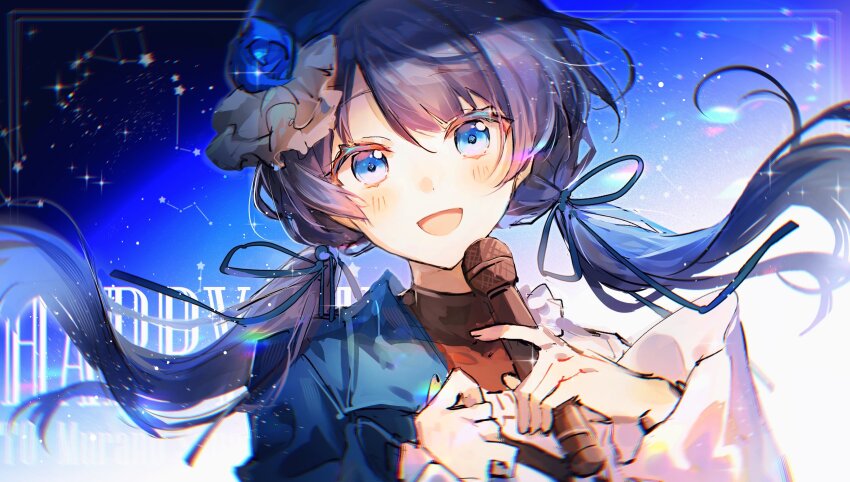 1girl, :d, asymmetrical_clothes, blue_background, blue_coat, blue_eyes, blue_flower, blue_hair