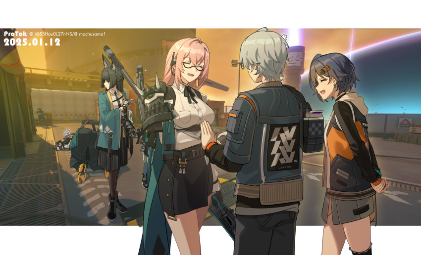 2boys, 3girls, animal_ears, armor, arms_behind_back, asaba_harumasa, belle_(zenless_zone_zero), black_hair