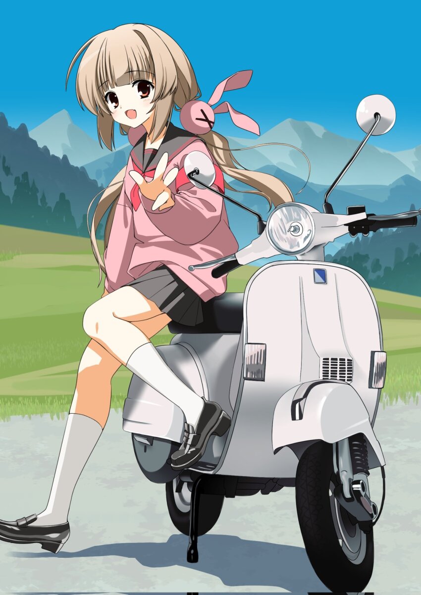 1girl, :d, armband, black_sailor_collar, black_shoes, black_skirt, blonde_hair, corrupted_twitter_file