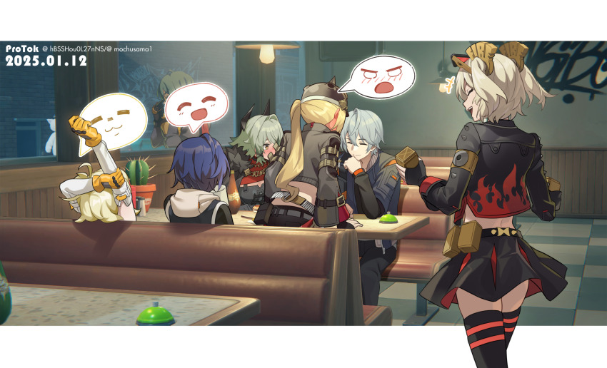 1boy, 5girls, belle_(zenless_zone_zero), black_gloves, black_jacket, black_skirt, blonde_hair, blue_hair, blush, burnice_white, cactus, caesar_king_(zenless_zone_zero), closed_eyes, cropped_jacket, detached_sleeves, fingerless_gloves, flame_print, gloves, green_hair, grey_hair, highres, hood, hooded_jacket, jacket, letterboxed, long_hair, long_sleeves, luciana_de_montefio, mochusama, multiple_girls, open_mouth, outside_border, piper_wheel, ponytail, sitting, skirt, spoken_expression, stretching, table, twintails, wise_(zenless_zone_zero), yellow_gloves, zenless_zone_zero
