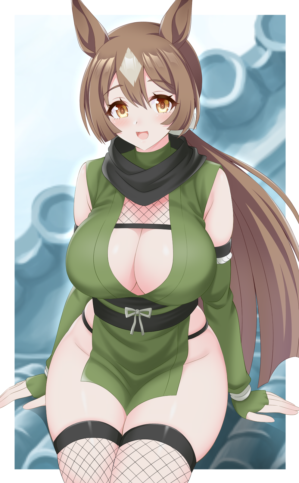 1girl, alternate_costume, animal_ears, brown_hair, commentary_request, cowboy_shot, dress, ear_ornament