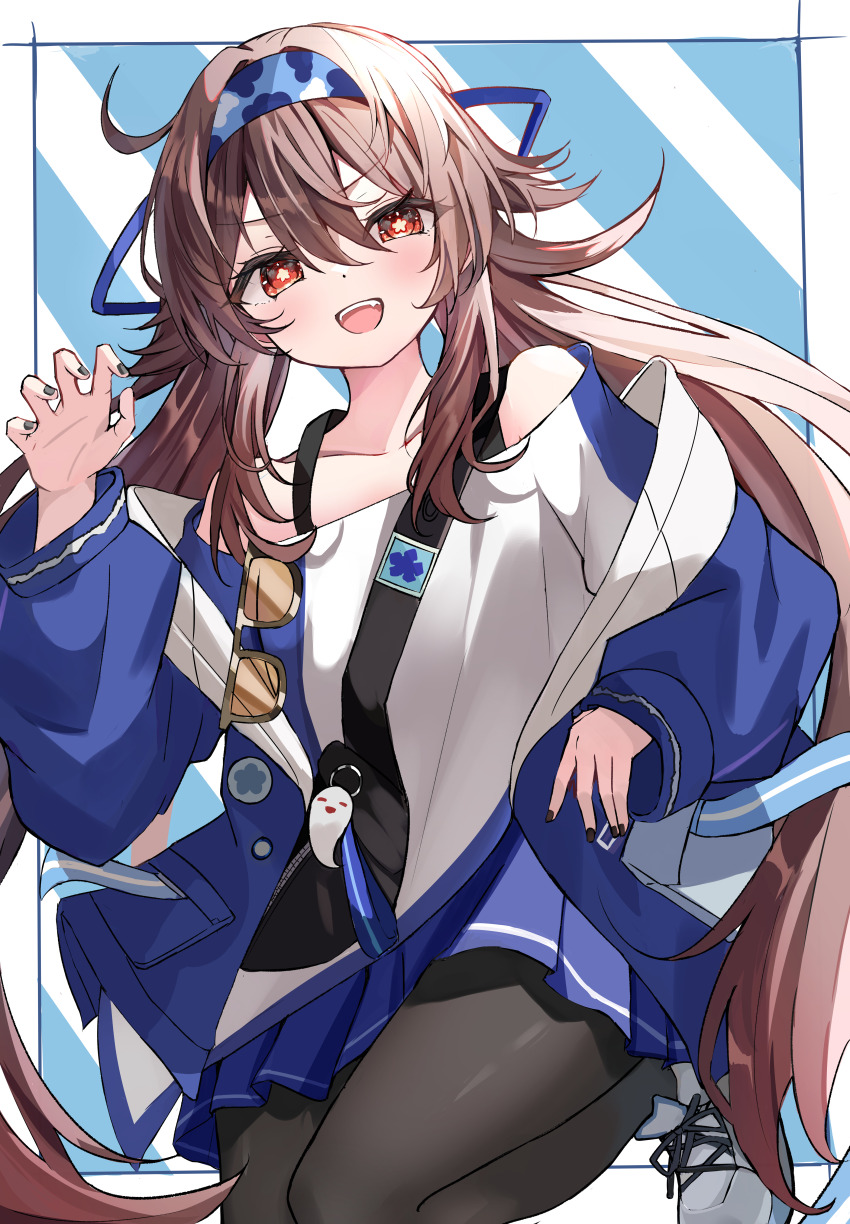 1girl, absurdres, black_nails, blue_hairband, blue_jacket, blue_skirt, brown_hair, camouflage_hairband