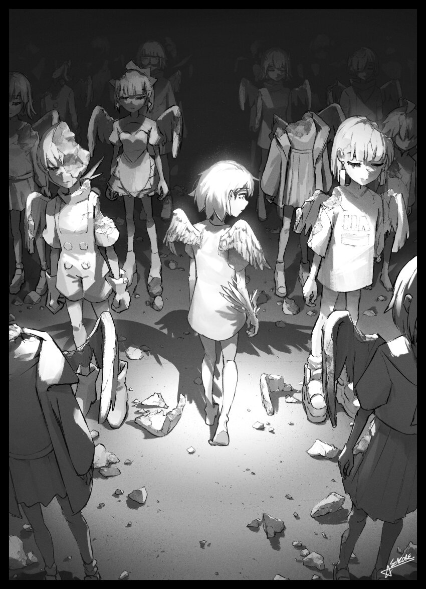 1other, 6+girls, absurdres, ahoge, android, ankle_boots, apron, arms_at_sides