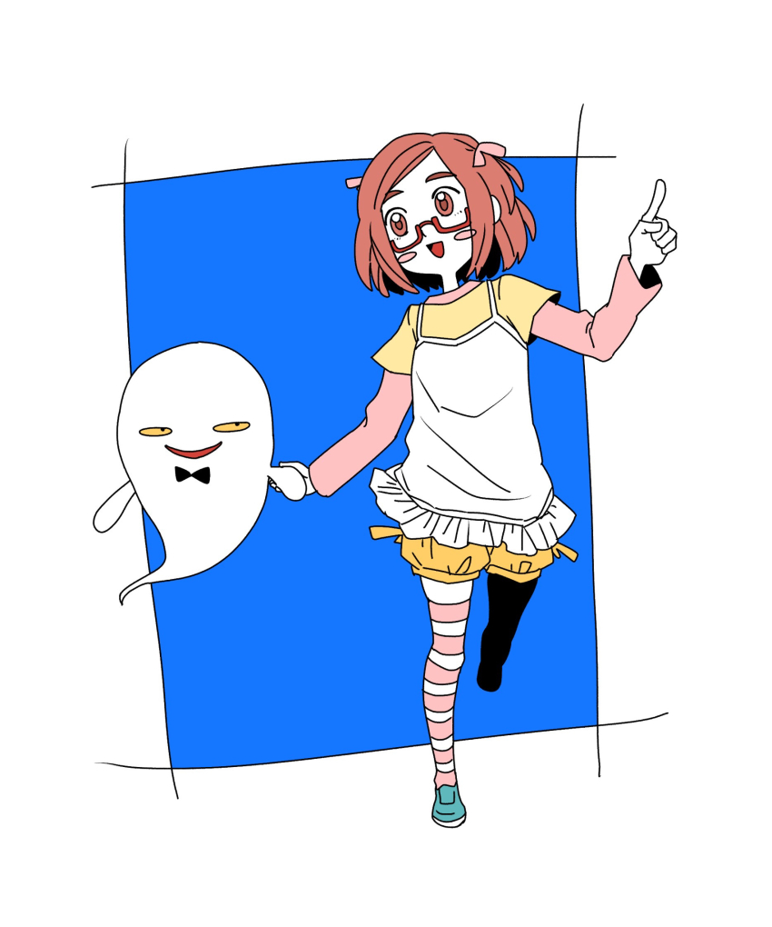 1192yukko, 1boy, 1girl, blue_background, blue_footwear, blush, bow, bowtie