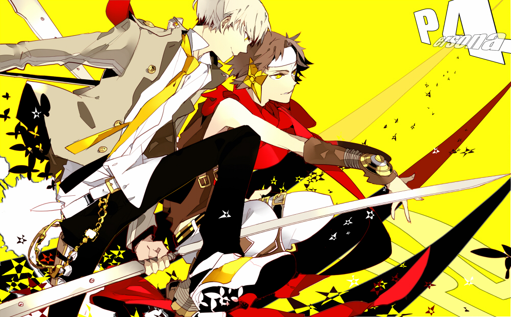 2boys, atlus, brown_hair, cosplay, grey_hair, hanamura_yousuke, jiraiya_(persona_4), jiraiya_(persona_4)_(cosplay)