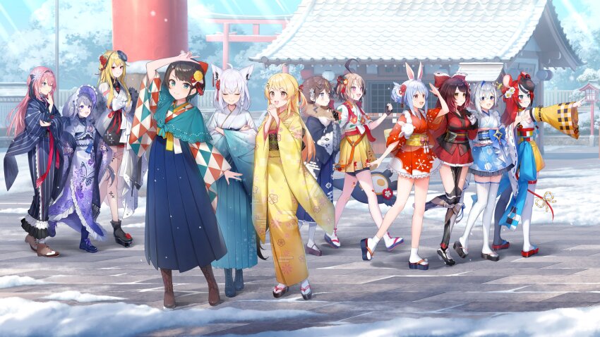6+girls, absurdres, alternate_costume, alternate_hairstyle, amane_kanata, amane_kanata_(new_year), animal_ears, anya_melfissa