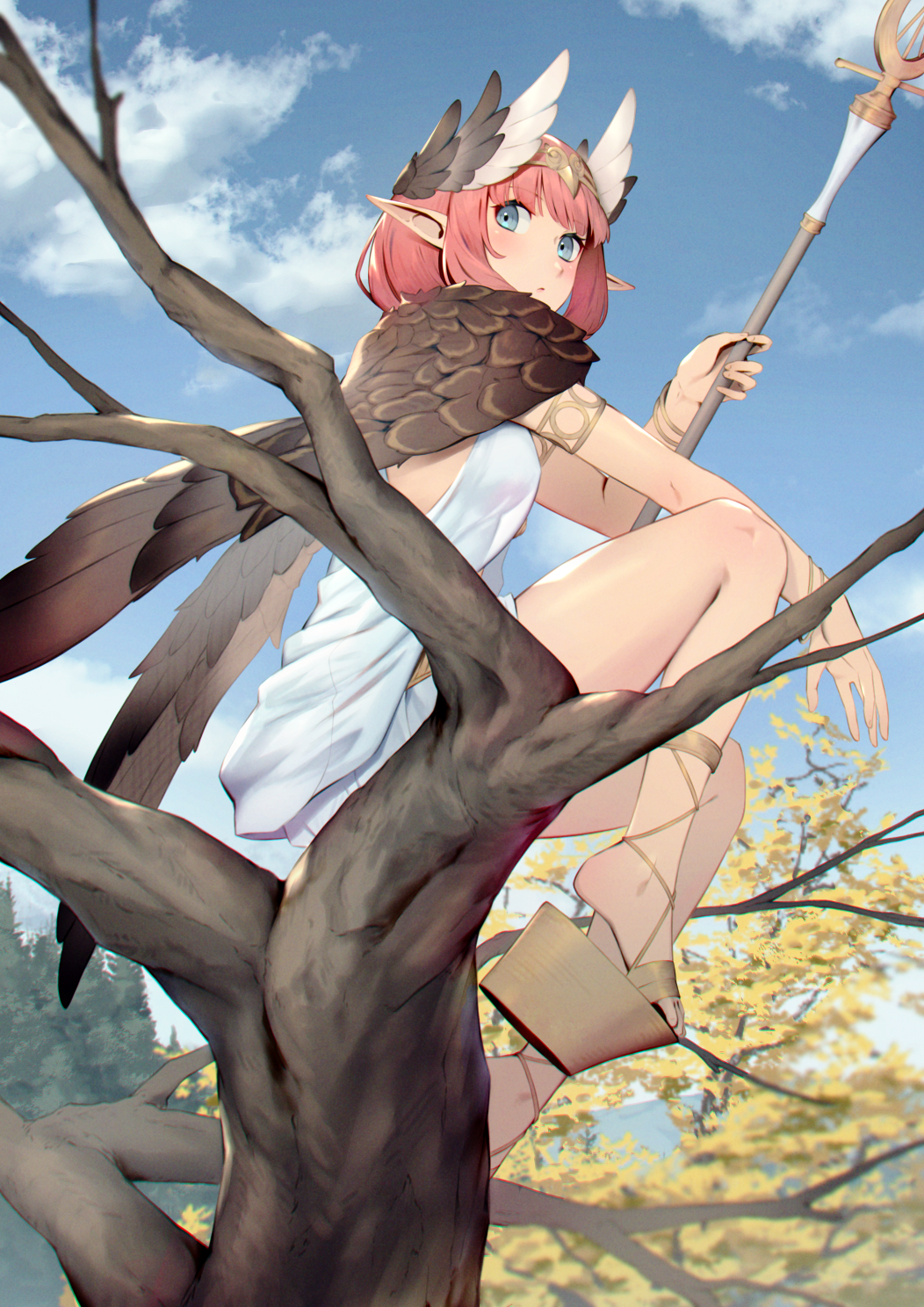 1girl, armlet, bare_shoulders, blue_eyes, blue_sky, bracelet, breasts, circe_(fate)