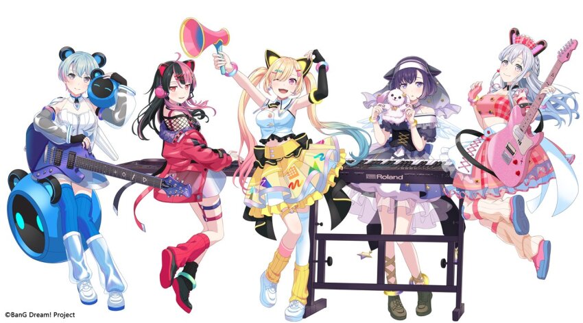 5girls, ahoge, animal_ears, arms_up, asymmetrical_legwear, bandaid, bandaid_on_knee, bandaid_on_leg