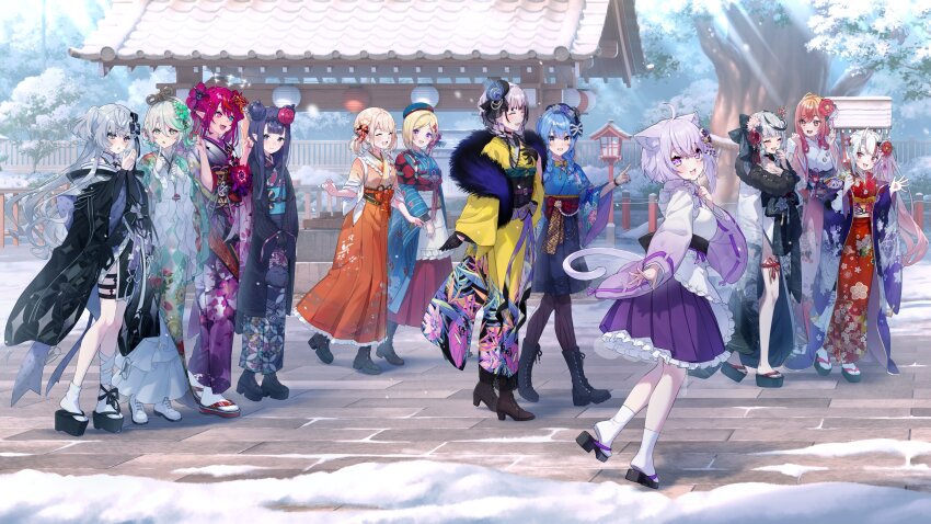 6+girls, absurdres, aki_rosenthal, aki_rosenthal_(new_year), alternate_costume, alternate_hairstyle, animal_ears, apron, artist_request, black_hair, black_kimono, blonde_hair, blue_hair, blue_kimono, boots, cat_ears, cat_girl, cat_tail, cecilia_immergreen, cecilia_immergreen_(new_year), commentary_request, day, feather_boa, frilled_apron, frills, full_body, furisode, gradient_hair, green_hair, green_kimono, grey_hair, grey_kimono, hair_ornament, hakama, hakama_skirt, highres, hololive, hololive_dev_is, hololive_english, hololive_indonesia, horns, hoshimachi_suisei, hoshimachi_suisei_(new_year), ichijou_ririka, irys_(hololive), irys_(new_year)_(hololive), japanese_clothes, kanzashi, kazama_iroha, kazama_iroha_(new_year), kimono, long_hair, looking_at_viewer, maid, multicolored_hair, multiple_girls, nakiri_ayame, nakiri_ayame_(new_year), nekomata_okayu, nekomata_okayu_(new_year), ninomae_ina'nis, ninomae_ina'nis_(new_year), official_alternate_costume, official_alternate_hairstyle, official_art, okobo, oni, orange_hair, orange_kimono, outdoors, pavolia_reine, pavolia_reine_(new_year), pink_kimono, platform_clogs, platform_sandals, purple_hair, purple_hakama, red_hair, red_kimono, sakamata_chloe, sakamata_chloe_(new_year), sandals, second-party_source, short_hair, shrine, skin-covered_horns, skirt, snow, socks, streaked_hair, tabi, tail, thighhighs, tsumami_kanzashi, very_long_hair, vestia_zeta, vestia_zeta_(new_year), virtual_youtuber, wa_maid, walking, white_apron, white_socks, white_thighhighs, yellow_kimono