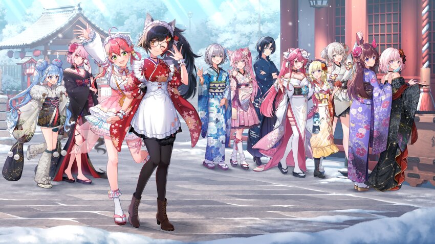 6+girls, absurdres, ahoge, airani_iofifteen, airani_iofifteen_(new_year), alternate_costume, alternate_hairstyle, animal_ear_fluff, animal_ears, apron, artist_request, black_hair, black_hakama, black_kimono, blonde_hair, blue_hair, blue_kimono, boots, brown_hair, chattino_(raora_panthera), commentary_request, day, floral_print, floral_print_kimono, flower, frilled_apron, frills, full_body, furisode, grey_hair, hair_flower, hair_ornament, hakama, hakama_skirt, hakui_koyori, hakui_koyori_(new_year), highres, hiodoshi_ao, hololive, hololive_dev_is, hololive_english, hololive_indonesia, horns, japanese_clothes, kanzashi, kimono, kobo_kanaeru, kobo_kanaeru_(new_year), lion_ears, lion_girl, lion_tail, looking_at_viewer, maid, mori_calliope, mori_calliope_(new_year), multiple_girls, official_alternate_costume, official_art, okobo, ookami_mio, ookami_mio_(new_year), outdoors, panther_ears, panther_girl, panther_tail, pink_hair, pink_hakama, platform_sandals, print_kimono, raora_panthera, raora_panthera_(new_year), red_eyes, red_kimono, sakura_miko, sakura_miko_(new_year), sandals, second-party_source, sheep_ears, sheep_girl, sheep_horns, shirogane_noel, shirogane_noel_(new_year), shishiro_botan, shishiro_botan_(new_year), short_kimono, shrine, skirt, snow, tabi, tail, thighhighs, tokino_sora, tokino_sora_(new_year), tsumami_kanzashi, tsunomaki_watame, tsunomaki_watame_(new_year), virtual_youtuber, wa_maid, waving, white_apron, white_hair, white_kimono, white_thighhighs, wolf_ears, wolf_girl, wolf_tail, zouri