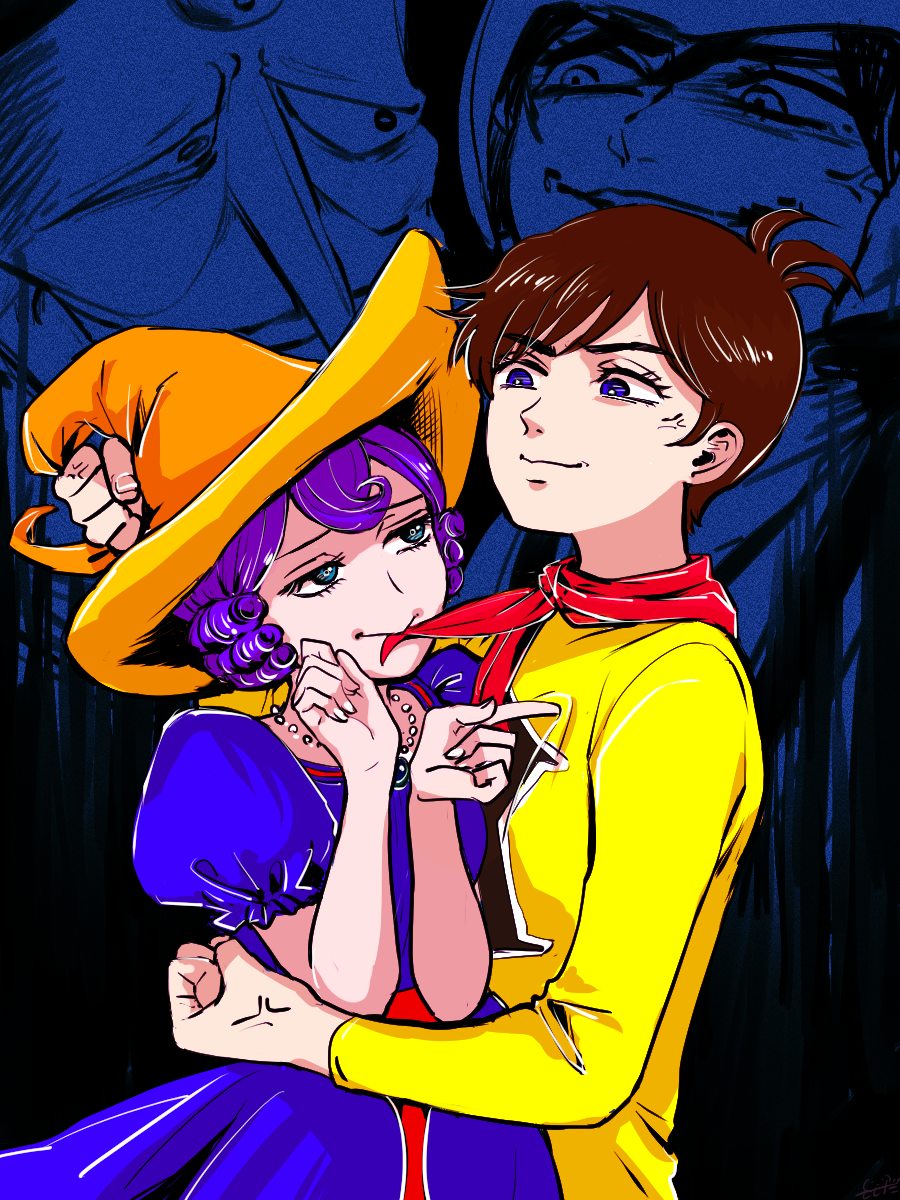 1boy, 1girl, anger_vein, angry, black_background, blue_dress, blue_eyes, bodysuit, brown_hair, chargeman_ken!, clenched_hand, closed_mouth, dress, drill_hair, false_smile, frilled_dress, frills, hashibashishida, hat, highres, hitomi_(chargeman_ken!), izumi_ken, jewelry, maou_(chargeman_ken!), necklace, orange_hat, pearl_necklace, purple_hair, red_scarf, retro_artstyle, scarf, short_hair, smile, witch_hat, yellow_bodysuit