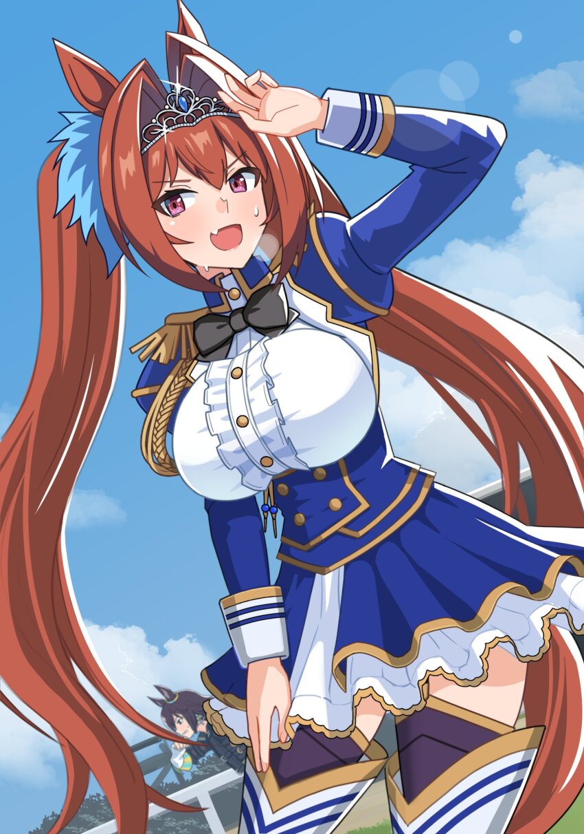 2girls, :d, animal_ears, black_bow, black_bowtie, black_jacket, black_thighhighs, blue_jacket