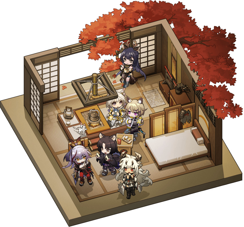 :o, akafuyu_(arknights), animal_ear_fluff, animal_earrings, animal_ears, antlers, arknights, armor, armored_boots, artist_request, autumn_leaves, beads, bed, belt, black_dress, black_footwear, black_hair, black_nails, black_shirt, black_tail, black_thighhighs, blonde_hair, blunt_bangs, blunt_ends, boots, bracelet, brown_eyes, cabinet, cat_ears, cat_girl, cat_tail, center-flap_bangs, coat, colored_inner_hair, deer_antlers, deer_ears, deer_girl, deformed, detached_sleeves, dog_ears, dog_girl, dog_tail, double-parted_bangs, dress, earrings, facial_mark, folding_screen, food, forehead_mark, from_above, full_body, geta, gloves, grey_eyes, grey_hair, grey_shirt, grey_tail, hair_between_eyes, hair_bun, hair_ornament, hairpin, hibachi_(object), highres, holding, holding_paper, horns, indoors, infection_monitor_(arknights), isometric, jacket, japanese_armor, japanese_clothes, jewelry, katana, kazemaru_(arknights), kettle, kimono, knee_pads, leaf, long_hair, long_sleeves, maple_leaf, maple_tree, matoimaru_(arknights), mixed_horns, mole, mole_under_eye, multicolored_hair, multiple_hairpins, multiple_horns, necklace, no_nose, off_shoulder, official_art, oni, onigiri, open_clothes, open_coat, open_jacket, open_mouth, origami, pants, paper, pillow, plant, platform_footwear, pointy_ears, potted_plant, pouch, prayer_beads, purple_eyes, purple_gloves, purple_hair, purple_pants, red_eyes, red_hair, red_pants, rejection, ringed_eyes, saga_(arknights), shirt, shoes, short_eyebrows, shouji, single_side_bun, single_thigh_boot, sliding_doors, smile, stop_(gesture), streaked_hair, striped_clothes, striped_shirt, sword, tail, tatami, thick_eyebrows, thigh_boots, thighhighs, transparent_background, tree, tsukinogi_(arknights), utage_(arknights), very_long_hair, weapon, weapon_stand, white_belt, white_coat, white_footwear, white_jacket, wide_sleeves, x_hair_ornament, yellow_eyes, yellow_jacket, yellow_shirt