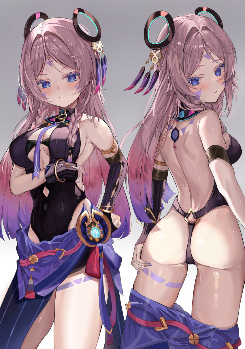 1girl, absurdres, arm_warmers, armlet, ass, backless_leotard, blue_eyes, blush, braid, citlali_(genshin_impact), cowboy_shot, facial_mark, floating_headgear, forehead_mark, genshin_impact, gradient_background, gradient_hair, grey_background, harune_rane, highres, jewelry, leotard, long_hair, looking_at_viewer, multicolored_hair, multiple_views, parted_bangs, pink_hair, purple_hair, purple_leotard, purple_skirt, ribbed_leotard, ring_hair_ornament, simple_background, skirt, thigh_marking, triangle, triangle_facial_mark, twin_braids, vision_(genshin_impact)