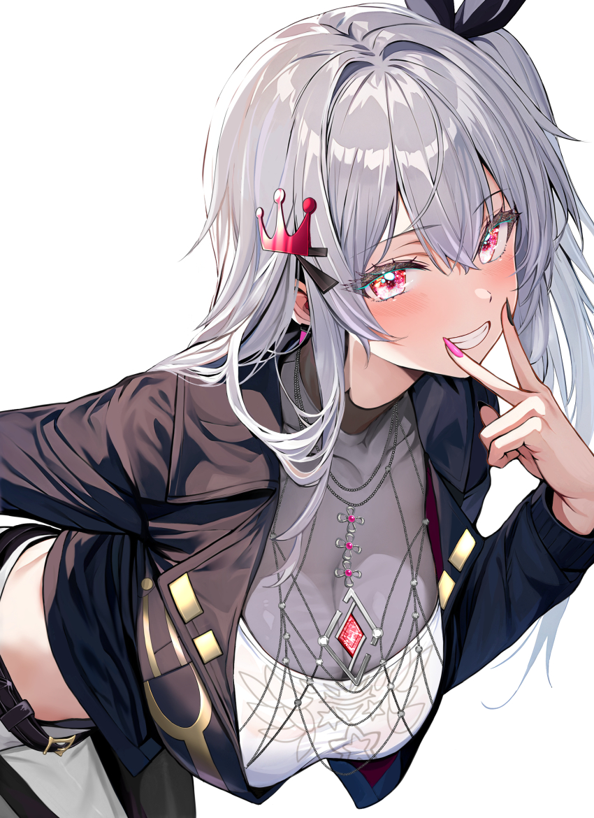 1girl, absurdres, belt, black_jacket, breasts, chottoomochi, cleavage, crown_hair_ornament