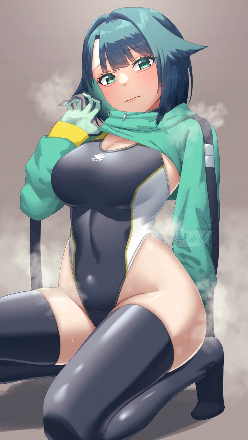 1girl, aqua_shrug, black_one-piece_swimsuit, black_thighhighs, blue_hair, breasts, cleavage, commentary_request