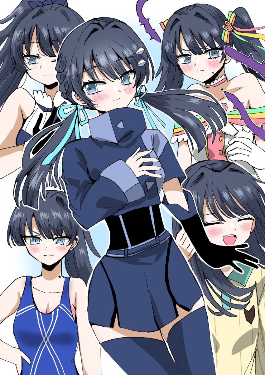 >:), 1girl, :d, bare_shoulders, black_hair, blue_background, blue_dress, blue_eyes