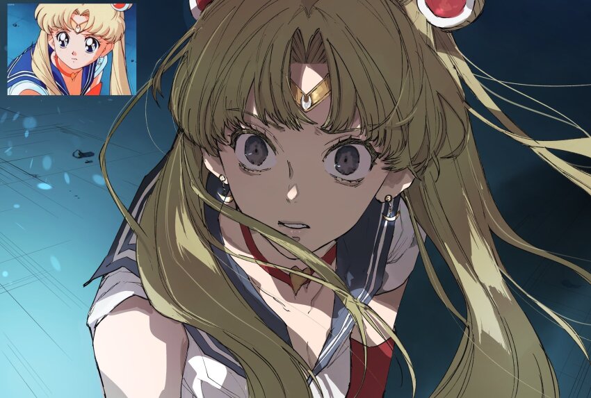 1girl, bare_shoulders, bishoujo_senshi_sailor_moon, blonde_hair, choker, circlet, collarbone, crescent