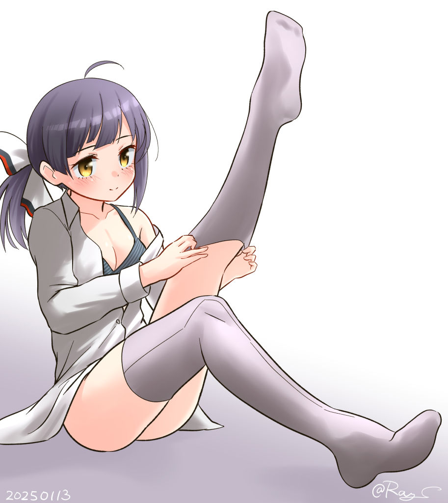 1girl, ahoge, asymmetrical_bangs, black_hair, bra, breasts, collared_shirt, cut_bangs, dated, dress_shirt, dressing, fujinami_(kancolle), fujinami_kai_ni_(kancolle), gradient_hair, grey_bra, grey_thighhighs, kantai_collection, long_sleeves, medium_hair, multicolored_hair, one-hour_drawing_challenge, ray.s, ribbon, shirt, side_ponytail, small_breasts, solo, thighhighs, twitter_username, underwear, white_background, white_ribbon, white_shirt, yellow_eyes
