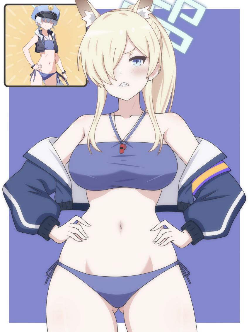 1girl, absurdres, animal_ear_fluff, animal_ears, armband, bikini, blonde_hair, blue_archive