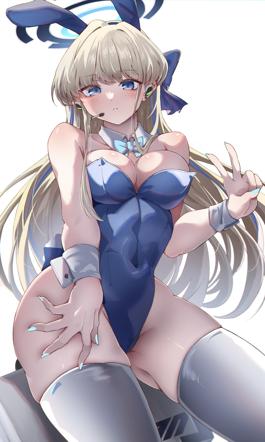 1girl, absurdres, animal_ears, aqua_bow, aqua_bowtie, aqua_nails, bare_shoulders, blonde_hair