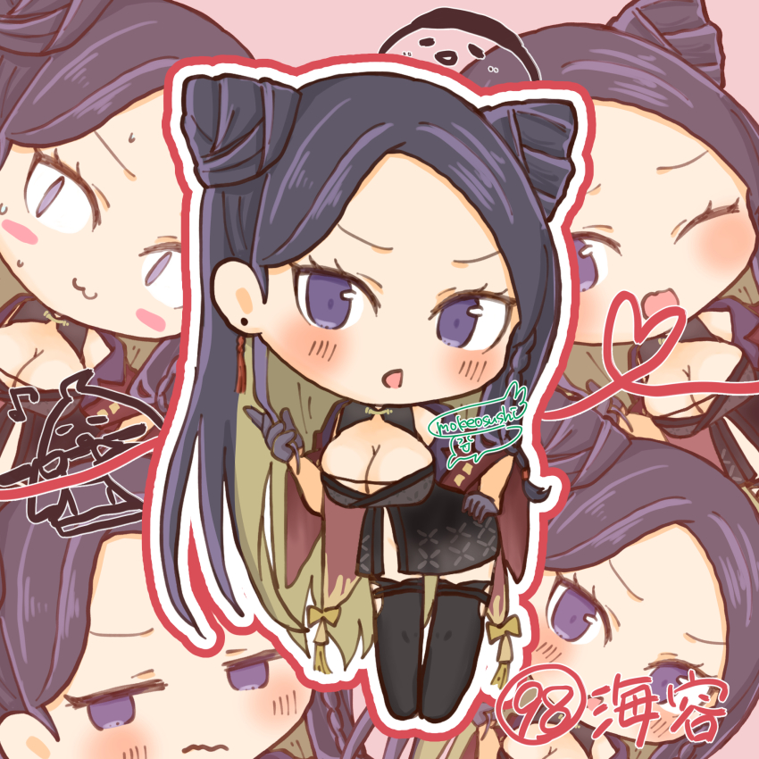 <|>_<|>, 1girl, artist_name, azur_lane, black_thighhighs, blonde_hair, blush, breasts, chibi, chibi_only, cleavage, colored_inner_hair, commentary, cone_hair_bun, double_bun, expressionless, gloves, hai_yung_(azur_lane), hair_bun, highres, large_breasts, looking_at_viewer, manjuu_(azur_lane), mokeosushi, multicolored_hair, musical_note, one_eye_closed, purple_eyes, purple_gloves, purple_hair, signature, solo, sweatdrop, thighhighs