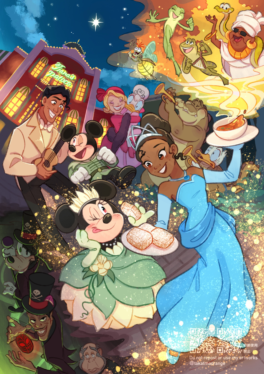 1girl, 5girls, 6+girls, absurdres, blonde_hair, blue_eyes, breasts, brown_hair, charlotte_la_bouff, daisy_duck, disney, donald_duck, dr._facilier, dress, earrings, gamorangetana, goofy, highres, jewelry, long_sleeves, mickey_mouse, mickey_mouse_&amp;_friends, minnie_mouse, multiple_girls, off-shoulder_dress, off_shoulder, pink_lips, prince_naveen, smile, the_princess_and_the_frog_(disney), tiana_(the_princess_and_the_frog), tiara