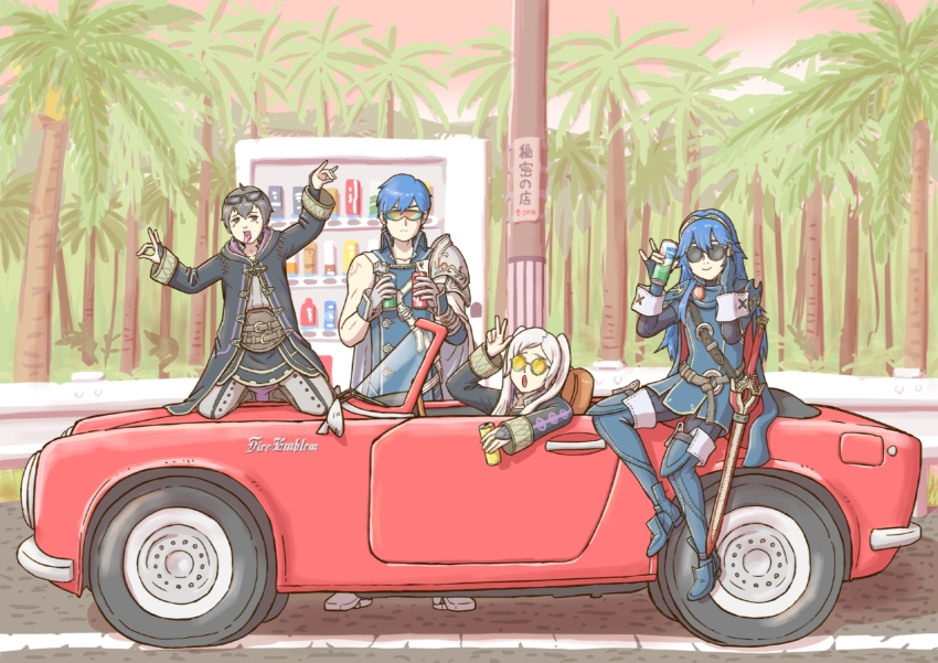 2boys, 2girls, anachronism, black_footwear, black_hair, black_robe, blue_hair, boots, can, car, choina-choina, chrom_(fire_emblem), closed_mouth, commentary_request, convertible, copyright_name, family, father_and_child, father_and_daughter, father_and_son, female_robin_(fire_emblem), fire_emblem, fire_emblem_awakening, highres, holding, holding_can, husband_and_wife, kneeling, long_hair, long_sleeves, looking_at_viewer, lucina_(fire_emblem), male_morgan_(fire_emblem), mother_and_child, mother_and_daughter, mother_and_son, motor_vehicle, multiple_boys, multiple_girls, nintendo, on_car, open_clothes, open_robe, palm_tree, parent_and_child, red_car, road, robe, short_hair, single_sleeve, sitting, smile, standing, sunglasses, sunset, thigh_boots, tinted_eyewear, translation_request, tree, twintails, utility_pole, v, vending_machine, white_footwear, white_hair, white_wrist_cuffs, wrist_cuffs, yellow-tinted_eyewear